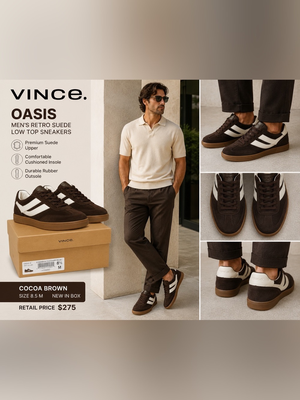 Vince Men's Oasis Retro Suede
Leather Low Top Sneakers Cocoa
Brown Size 8.5 NIB